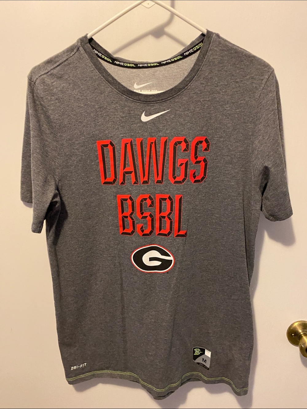 Nike Gray Short Sleeve Dawgs BSBL Tee with Red and Black Accents